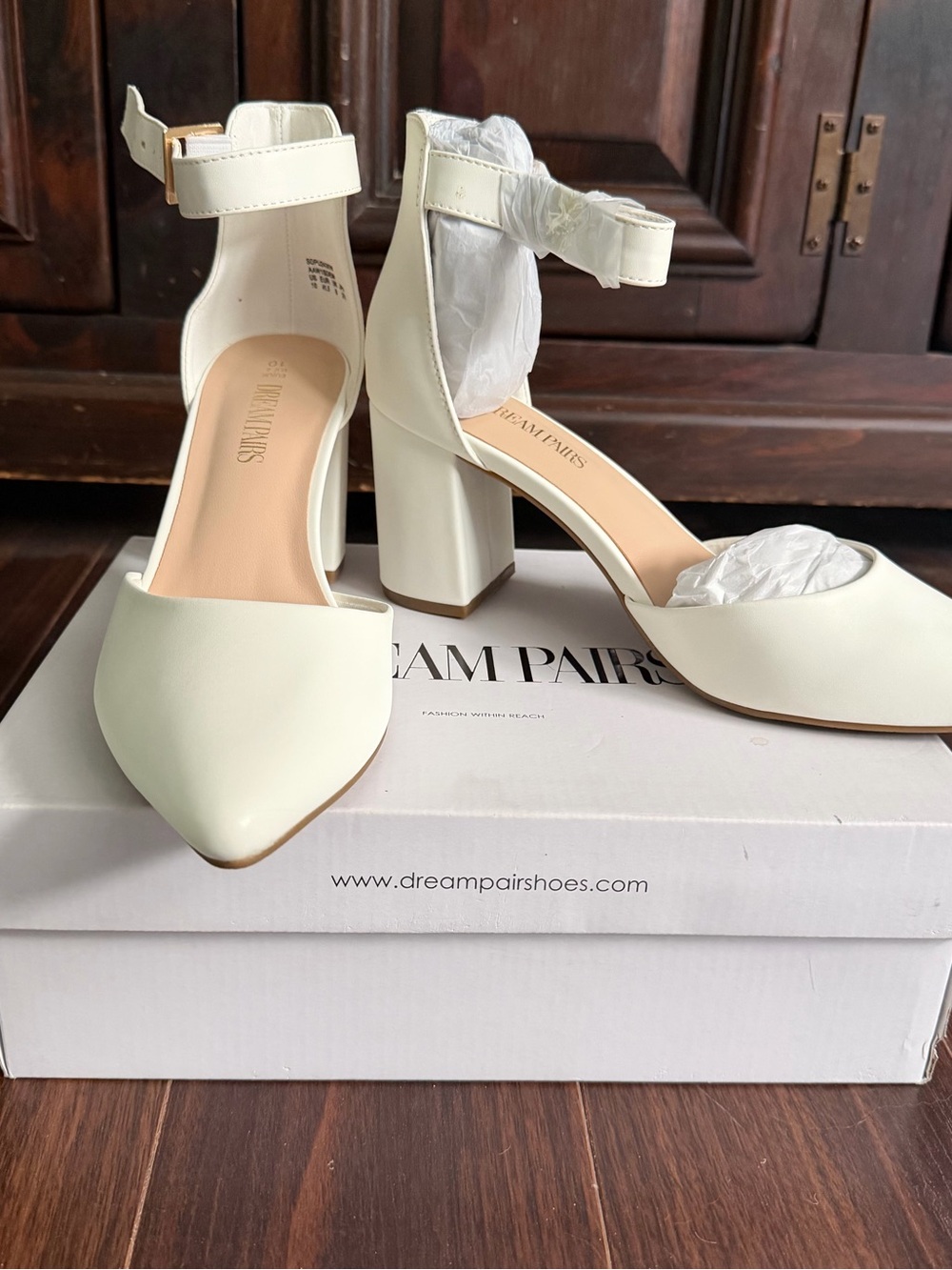 Dream Pairs White Block Heel Ankle-Strap Pointed-Toe Pumps